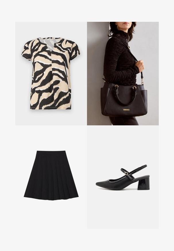 Röshortas ar V-veida izgriezumu, kas izceļ melnu, bēšu un balti abstrahētu zebraskatu uz mīkstas auduma. Ikdienas piegrieztne.; Melna plisētā svārku ir izgatavota no teksturēta auduma ar ietilpīgu jostasvietu. Svārki ir līdz ceļiem un tiem ir gluda, tīra silueta.; Melns patentēts ādas sandales ar norādīta pirksta formu, noapaļotu izgriezuma dizainu un bloķētu papēdi. Iezīmēta ar zelta toņa sprādzi.; Melnā rokassoma ar teksturētu virsmu, diviem augšējiem rokturiem un regulējamu pleca siksnu. Iespējas ar zelta krāsas aparatūru un sānu kabatām.