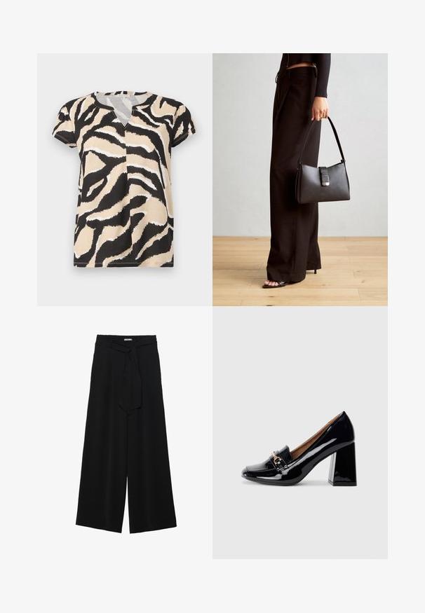 Korte mouw top met een V-hals, voorzien van een zwart, beige en witte abstracte zebra print op zachte stof. Casual pasvorm.; Zwarte wijde broek van textuurstof, met een elastische tailleband en een afneembare sjaalstrik in de taille voor een verstelbare pasvorm.; Zwarte lakleren hoge hak met een spitse neus en blokhak. Bevat een decoratieve band en gespdetail op de wreef.; Zwarte handtas met gestructureerde vorm, gladde textuur en een metalen sluiting. Gecombineerd met brede zwarte broeken en sandalen met open teen op een houten vloer.