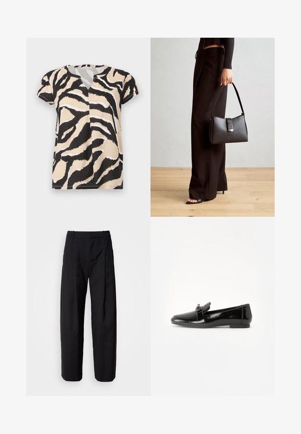 Top a maniche corte con scollatura a V, caratterizzato da una stampa astratta a strisce zebra nera, beige e bianca su un tessuto morbido. Vestibilità casual.; Pantaloni neri con una vestibilità comoda, vita plissée e passanti per cintura. Tessuto liscio e gambe dritte, dotati di tasche laterali.; Mocassino in pelle verniciata nera con suola piatta, punta arrotondata e una fascia decorativa con accento in tonalità oro. Finitura liscia e lucida.; Borsa nera con forma strutturata, texture liscia e una chiusura metallica. Abbinata a pantaloni neri larghi e sandali open-toe su un pavimento in legno.