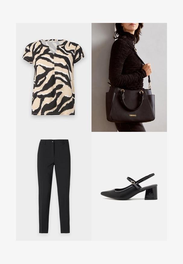 Kurzarm-Oberteil mit V-Ausschnitt, versehen mit einem abstrakten Zebra-Muster in Schwarz, Beige und Weiß auf weichem Stoff. Lässige Passform.; Schwarz enganliegende Hosen aus glattem Material, mit einem klassischen Bund, Reißverschluss vorne und seitlichen Taschen in einem eleganten, maßgeschneiderten Design.; Schwarze Lackleder-Slingback-Absätze mit spitzer Zehenform, einem runden Ausschnitt-Design und einem Blockabsatz. Mit einem goldfarbenen Schnallenakzent.; Schwarze Handtasche mit strukturierten Oberflächen, doppelten Obergriffen und verstellbarem Schultergurt. Mit goldfarbener Hardware und Seitentaschen.