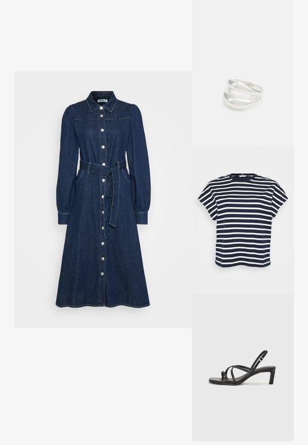 Marineblaues und weiß gestreiftes T-Shirt mit kurzen Ärmeln und Rundhalsausschnitt, außerdem mit dekorativen Knöpfen an einer Schulter.; Jeanskleid in Dunkelblau mit kragenförmigem Ausschnitt, langen Puffärmeln, durchgehender Knopfleiste und passendem Gürtel in der Taille.; Schwarze Sandale mit Riemchen, quadratischer Zehenform und niedrigem Blockabsatz. Verfügt über mehrere dünne Riemen und einen verstellbaren Knöchelriemen. Hergestellt aus glattem Leder.; Schwarze Leder-Crossbody-Tasche mit glatter Textur, rechteckiger Form und metallic-kettendetail auf der Vorderseite. Verstellbarer Gurt inklusive.; Silberner Doppelring mit einer glatten, polierten Oberfläche. Verfügt über ein fließendes, kurviges Design mit überlappenden Abschnitten für einen modernen Look.; Silberner Doppelring mit einer glatten, polierten Oberfläche. Verfügt über ein fließendes, kurviges Design mit überlappenden Abschnitten für einen modernen Look.