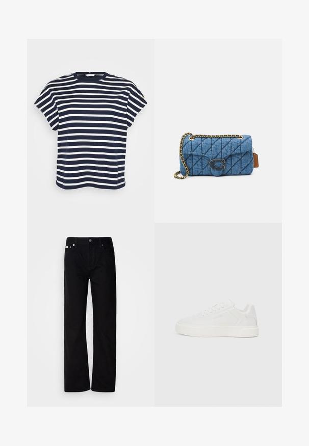 Maritiem blauwe en witte gestreepte T-shirt met korte mouwen en een ronde hals, met decoratieve knopen op één schouder.; Zwarte denim rechte broek met vijf zakken, zilveren klinknagels en een knoopsluiting. De stof heeft een gladde, licht gestructureerde afwerking.; Witte lage sneakers met een platte zool, glad bovenwerk van synthetisch materiaal, ronde neus en ton-sur-ton stiksels. Voorzien van vetersluiting en zijbranding.; Blauwe gewatteerde denim schoudertas met een gouden kettingstrap en een opvallend gouden logo accent op de voorkant. Compact rechthoekig van vorm.