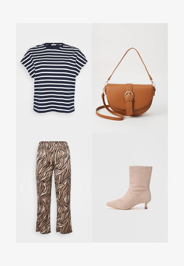 Navy and white striped T-shirt with short sleeves and a crew neckline, featuring decorative buttons on one shoulder.; Brown and cream zebra-print trousers with an elastic waistband, featuring a wide-leg design and smooth fabric texture.; Beige suede ankle boot with a pointed toe and a low kitten heel. Smooth texture with a sleek silhouette and minimalistic design.; Brown leather crossbody bag with a curved shape, gold hardware, and a buckle accent. Features a detachable shoulder strap.