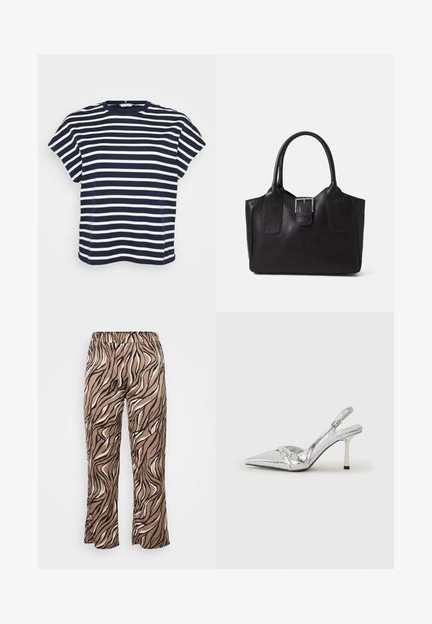T-shirt às riscas navy e brancas, com mangas curtas e decote redondo, apresentando botões decorativos num dos ombros.; Calças com padrão de zebra castanho e creme, com um cós elástico, apresentando um design de perna larga e uma textura de tecido suave.; Sapato de salto alto slingback prateado com bico fino, acabamento metálico, duas correias decorativas e um salto esbelto com ponta preta.; Bolsa tote de couro preta com textura suave, forma estruturada, duas alças e um destaque prateado proeminente na parte da frente.