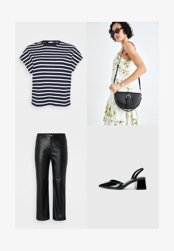 Tumesinise ja valge triibuline lühikeste varrukatega T-särk, millel on ümara kaelusega disain ja dekoratiivnupud ühel õlal.; Mustast kunstnahast püksid sirge lõikega, millel on vöökohad, ees taskud ning lukuga sulgemine, millel on nööp. Sujuv tekstuur.; Mustad musta lakknahk kingad, millel on terav varvas ja geomeetriline plokkkonts. Omab elegantselt minimalistlikku disaini ja sujuvat tekstuuri.; Mustmust mustraha kõverate joontega, eemaldatava rihmaga ja kuldsete detailidega. Kotil on klapp, millel on pandladetail.