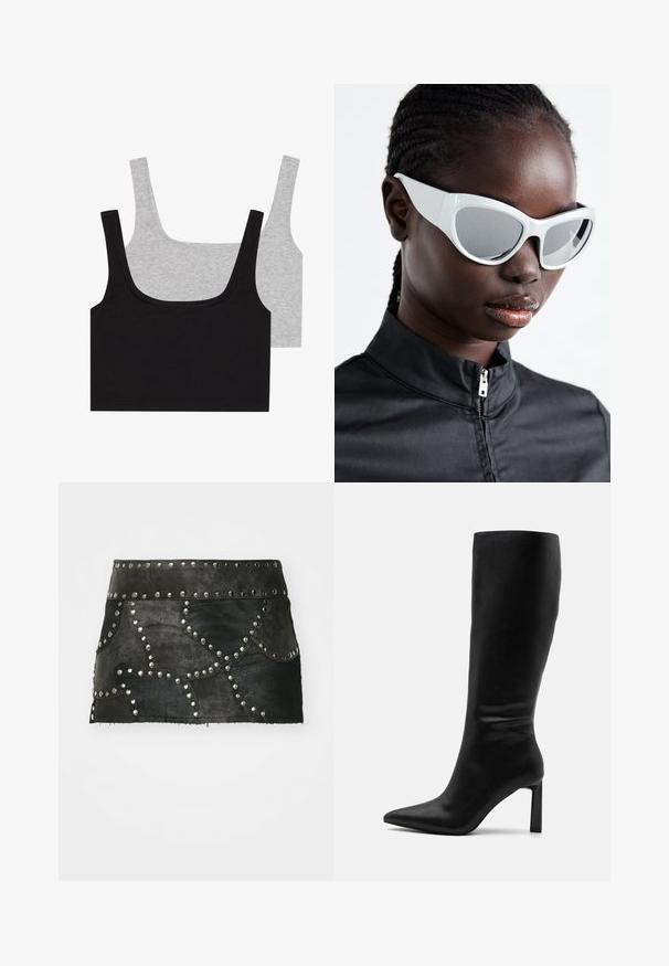 Dvě tílka z bavlněné směsi: jedno černé a jedno šedé, obě s ribbed texturou a širokými ramínky, s kulatým výstřihem a pohodlným střihem.; Černá kožená sukně s dekorativními stříbrnými nýty a zakřiveným šitím. Má přiléhavý pas a délku, která sahá nad polovinu stehna.; Even&Odd Vysoká obuv - black; Bílé sluneční brýle s odvážným, přehnaným designem a zrcadlovými čočkami, s hladkými plastovými rámy a akcentovanými křivkami.