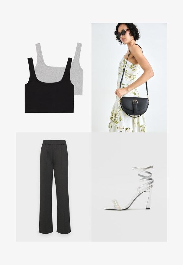 Två linnen i bomullsmix: ett svart och ett grått, båda med ribbad textur och breda axelremmar, med en rundad halsringning och en bekväm passform.; Svarta raka byxor med elastisk midja, framfickor, mjukt tyg och utan synliga mönster eller metalldetaljer.; Silver högklackad sandal med en glänsande remdesign, som har en pärlliknande detalj och en spiralformad vristrem för ett säkert grepp.; Svart läderhandväska med en böjd form, avtagbar rem och guldiga detaljer. Väskan har ett lock med en spänndetalj.