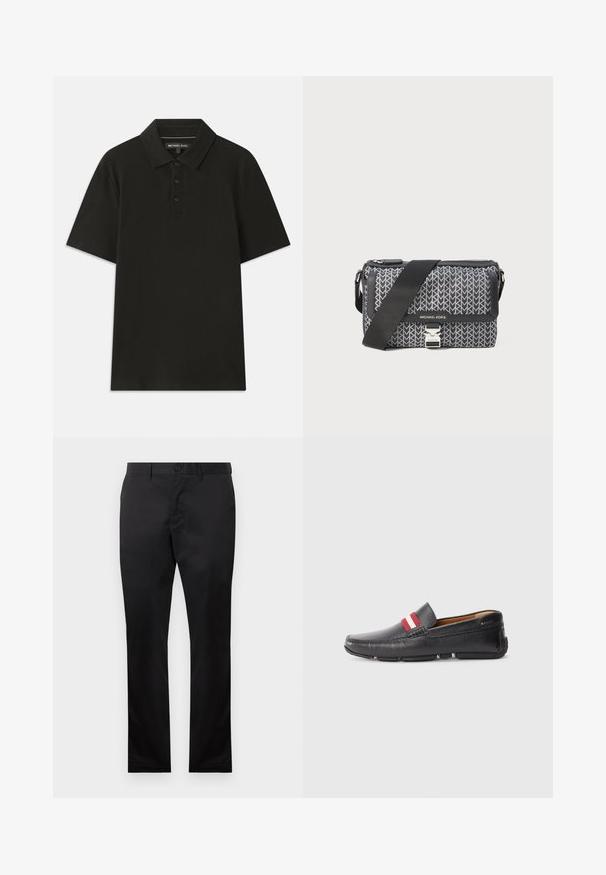 Polo shirt nera realizzata in tessuto testurizzato. Presenta un'apertura a tre bottoni e un colletto standard. Maniche corte e orlo dritto.; Pantaloni in cotone neri con un design a gamba dritta, dotati di chiusura frontale con bottone e tasche laterali, texture liscia, senza motivi visibili.; Scarpa nera in pelle slip-on con superficie testurizzata, accento a righe rosse e bianche sulla parte superiore, punta rotonda e suola in gomma.; Borsa a tracolla nera e grigia con motivo geometrico, chiusura a zip e accessori in metallo argentato. Inclusa una tracolla regolabile.