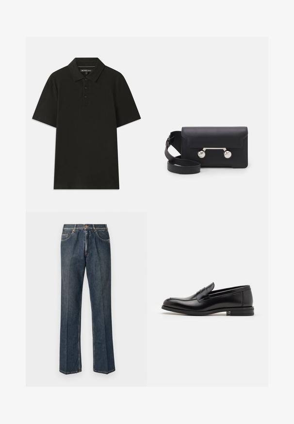 Polo preto feito de tecido texturizado. Apresenta um pormenor de três botões e um colarinho padrão. Mangas curtas e bainha reta.; Jeans de ganga de perna reta azul escuro com botão à frente, fecho de correr, dois bolsos frontais e vinco vertical visível ao longo das pernas.; Mocassins de couro preto com uma textura suave, bico arredondado e uma faixa decorativa sobre o peito do pé. Salto baixo e empilhado, design minimalista.; Saco transversal em pele preta com fecho de aba, ferragens em tom prateado e dois acentos redondos. Apresenta uma alça destacável. Textura suave.