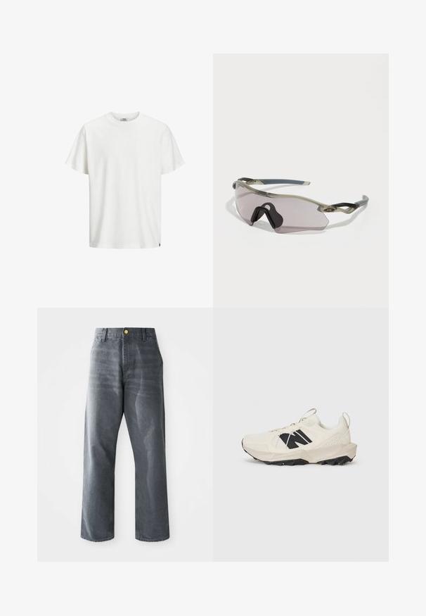 Maglietta bianca in cotone con collo rotondo classico, maniche corte e orlo dritto. Nota per il suo design semplice e la texture morbida.; Jeans in denim grigio a gamba larga e vestibilità comoda per uomo, con tasche frontali e un singolo bottone dorato visibile in vita.; Sneaker beige chiaro con tomaia in rete, logo nero e suola testurizzata. Accompagnato da un motivo geometrico sulla suola intermedia.; Occhiali da sole con montatura grigia traslucida, lenti colorate e design angolare. Presentano un pezzo nasale distintivo e astine di un grigio scuro texturizzato.