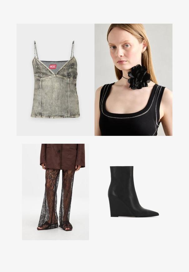 Jeans top v svetlo sivi z nastavljivimi tankimi naramnicami, zasnova v obliki črke V, vidni šivi in rdeča oznaka "DIESEL" na ovratniku.; Črne čipkaste široke hlače s cvetličnim vzorcem, prosojne teksture in širokimi odprtinami za noge, v kombinaciji s rjavimi natikači.; Črne gležnjarje na wedge peto iz teksturirane usnje; imajo koničast nos in gladko, elegantno obliko z oblinami.; Črna cvetna choker ovratnica iz plastičenih cvetnih listov, oblečena z črnim rebrastim topom, ki ima srebrne detajle ob izrezu in ramenih.
