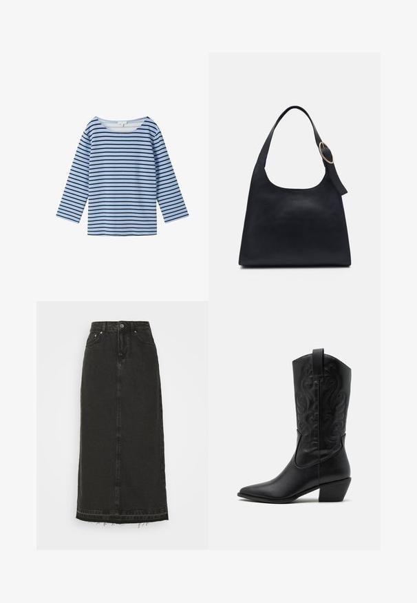 TOM TAILOR Tops ar garām piedurknēm - calm blue navy stripe; Melnas denima midi svārki ar pieguļošu jostasvietu, priekšējo pogu aizdari un saplēstu apakšmalu. Iekļauj klasisko piecu kabatu dizainu un vieglu tekstūru.; Melna ādas kovboju zābaki ar norādītu purngalu, iegravētām viļņotām rakstām un vidēja augstuma papēdi. Iekļauts vilkšanas cilpa vieglai uzvilkšanai.; Melnas ādas rokassoma ar gludu tekstūru, noapaļotu formu un vienu plecu siksnu ar apaļu zelta aksesuāru.