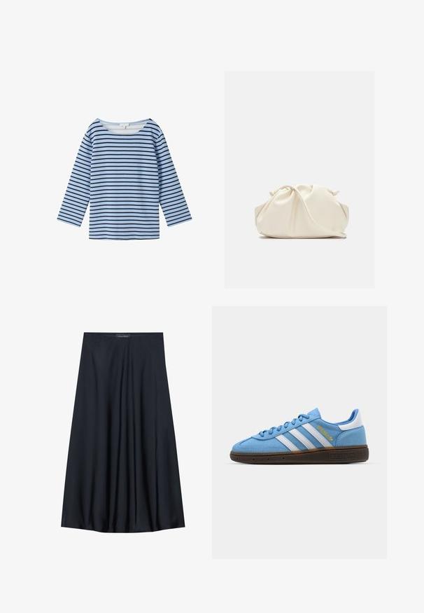 TOM TAILOR Langarmshirt - calm blue navy stripe; Schwarzer, knielanger Rock aus leichtem Material mit fließendem Design. Verfügt über eine glatte Textur und subtile Falten für zusätzliche Details.; Helles blaues Wildleder-Sneaker mit weißen Lederstreifen, einer braunen strukturierten Sohle und goldenen Logodetails. Niedrig geschnittenes Design mit runder Zehenpartie.; Cremfarbener, weicher Kunstlederbeutel mit gerafftem Design, verstellbarem Schultergurt und subtiler Kordelzug-Verschluss. Glatte Textur und runde Form.