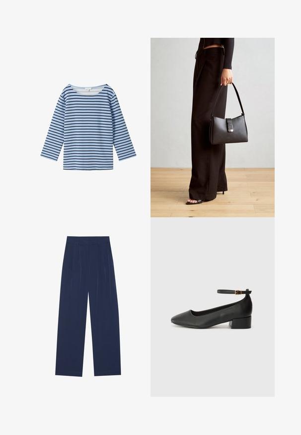 TOM TAILOR Longsleeve - calm blue navy stripe; Navyblauwe wijde broek van zachte stof, voorzien van voorplooien, een gladde textuur en een rechte pasvorm zonder zichtbare zakken.; Zwarte leren pump met een spitse neus en een lage blokhak. Beschikt over een enkelband met een goudkleurige gespsluiting. Gladde textuur.; Zwarte handtas met gestructureerde vorm, gladde textuur en een metalen sluiting. Gecombineerd met brede zwarte broeken en sandalen met open teen op een houten vloer.