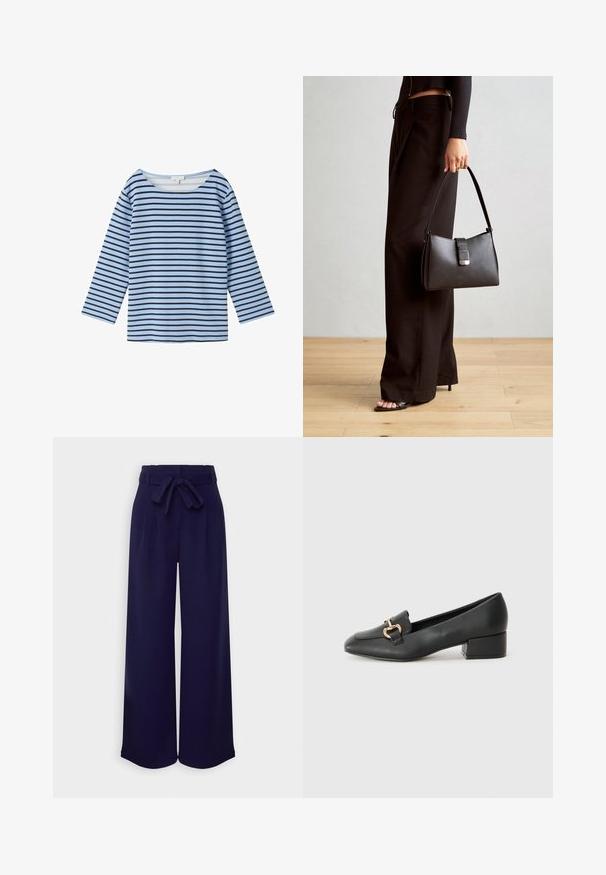 TOM TAILOR Top dugih rukava - calm blue navy stripe; Anna Field Hlače - dark blue; Crne kožne mokasine s ravnim potplatom, s dekorativnim zlatnim detaljem sprijeda i glatkom teksturom.; Crna torba s oblikom koji sadrži strukturu, glađu teksturu i metalnu kopču. Uparena s širokim crnim hlačama i sandalama na otvorenom s drvenog poda.