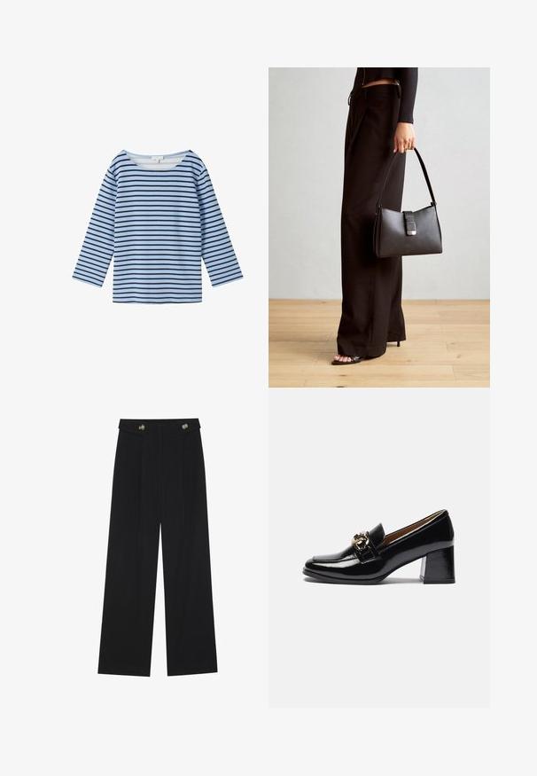 TOM TAILOR Pikkade varrukatega topp - calm blue navy stripe; Mustad laiad püksid kõrge vöökoha ja nööpdetailidega vööandil, esikortsudega.; Mustad nahast kõrge kontsaga mokassiinid, millel on ümar varvas, paksem konts ja kuldse tooni detailline aksessuaar esirihmal.; Must musta kott, millel on struktureeritud kuju, sile tekstuur ja metallist klamber. Kombineeritud laiate mustade pükstega ja avatud varvaste sandaalidega puidust põrandal.