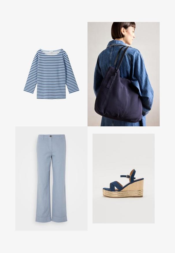 TOM TAILOR Langarmshirt - calm blue navy stripe; Hellblaue Leinenhose mit geradem Bein, Knopfverschluss und umgeschlagenem Saum. Glatte Textur, entworfen für legere Kleidung.; Marineblaue Keil-Sandale mit überkreuzten Riemen, einer strukturierten Plattform aus Naturfasern und einem goldenen Metallakzent an der Basis.; Marinefarbene Leinenschultertasche mit weicher, strukturierter Form, ausgestattet mit einem schwarzen Riemen, genähten Details und einem kleinen Markenschild.