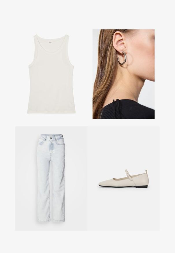 Balta kokvilnas topiņa ar platu kakla izgriezumu un plānām plecu lencēm. Gluda tekstūra bez redzamām apdrukām vai rotājumiem.; Gaiši zili augsto vidukli džinsi ar taisnu pēdu piegriezumu, izgatavoti no denima. Iespējas ietver pogu aizdari, piecu kabatu dizainu un maigu izbalējuma tekstūru.; Baltās ādas Mary Jane kurpes ar smailu purngalu, sānu sprādzi un zemu melnu papēdi. Gluda tekstūra un minimālisma dizains.; Sudraba auskars ar pulētu apdari, ar maziem zelta akcentiem un apaļu formu, uz ausu ļipiņas.