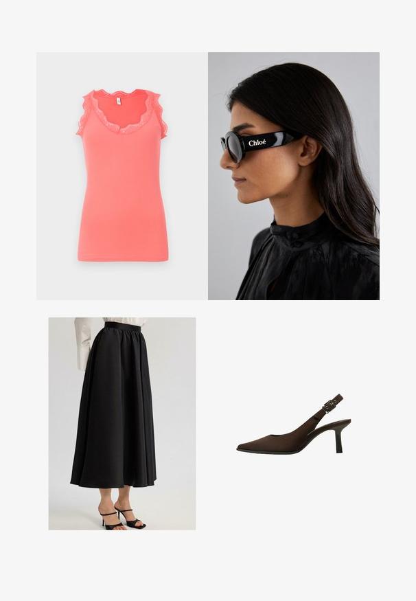 Korálová rebrovaná tielko s čipkovým lemovaním okolo výstrihu a priehlavkov, s vlnitým dizajnom a priliehavým strihom.; Čierna maxi sukňa vyrobená z hladkej tkaniny, s nariaseným pásom a voľným dizajnom, skombinovaná s čiernymi sandálmi na opätku.; Hnedé semišové slingback lodičky s ostrou špičkou, štíhlym dizajnom, tenkým opätkom a sponou na remienku okolo členka.; Čierne slnečné okuliare s okrúhlymi šošovkami a odvážnymi, ostrými rámami, na boku so značkou "Chloé" napísanou bielou farbou. Hladký, lesklý povrch.; Zlatý obdĺžnikový náramkový hodinky s bielym ciferníkom, striebornými indexmi a odolným kovovým náramkom. Obsahuje vodoodolnú funkciu.