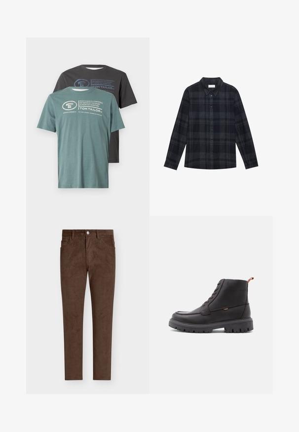 Divi apģērba T-krekli ar apaļu kakla izgriezumu, sakrauti viens uz otra: viens tumši zaļš ar baltu rakstu, otrs melns ar zilu rakstu. Abi izgatavoti no mīkstas kokvilnas auduma.; Melnā un pelēkā flaneļa kreklu, kas izgatavots ar audumu kostīmu, ar pogu aizdari priekšpusē, garām piedurknēm un klasisku apkakli.; Brūni korduroja bikses ar taisnu griezumu, kas aprīkotas ar pogu aizdari, priekšējiem kabatām un vertikāli ribotu tekstūru visā audumā.; Brūni ādas potītēm zābaki ar apaļu purngalu, tonāla izšūšana, izturīga melna gumijas zole un oranžs cilpiņas elements papēdī.