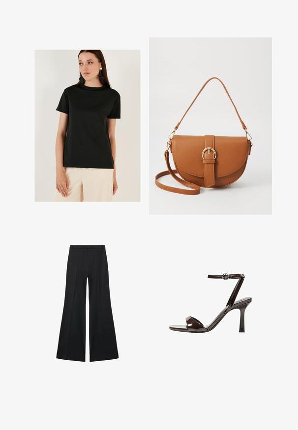 Black short-sleeve t-shirt made of a smooth fabric, featuring a round neckline and a relaxed fit, paired with light-colored pants.; Black wide-leg pants with a smooth texture, featuring front pleats and a tailored design. The fabric is lightweight and flowy.; Brown patent leather high-heeled sandal with an ankle strap, open toe, and a sleek, minimalist design. Features a square heel.; Brown leather crossbody bag with a curved shape, gold hardware, and a buckle accent. Features a detachable shoulder strap.