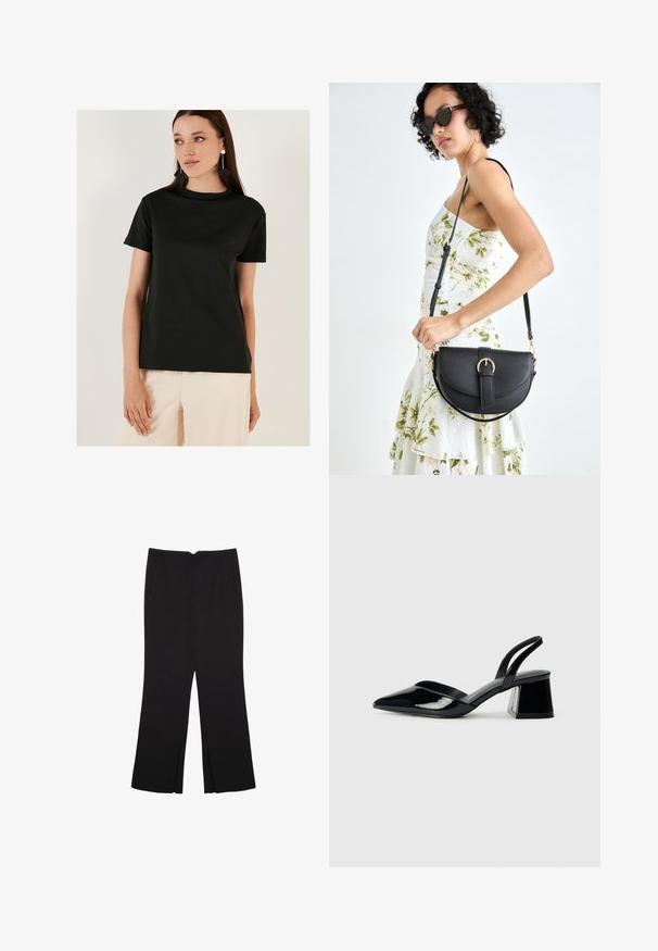 Sort kortærmet t-shirt lavet af et glat stof, med en rund halsudskæring og en afslappet pasform, parret med lyse bukser.; Sorte bukser med lige pasform, der har frontlommer og slidser i kanten. Lavet af blødt, glat stof. Velegnet til forskellige anledninger.; Sorte patentlæder slingback hæle med spids tå og en geometrisk blok hæl. Har et elegant, minimalistisk design og en glat tekstur.; Sort læderhåndtaske med en buet form, aftagelig rem og guldfinish. Tasken har en klap med en spænde detalje.