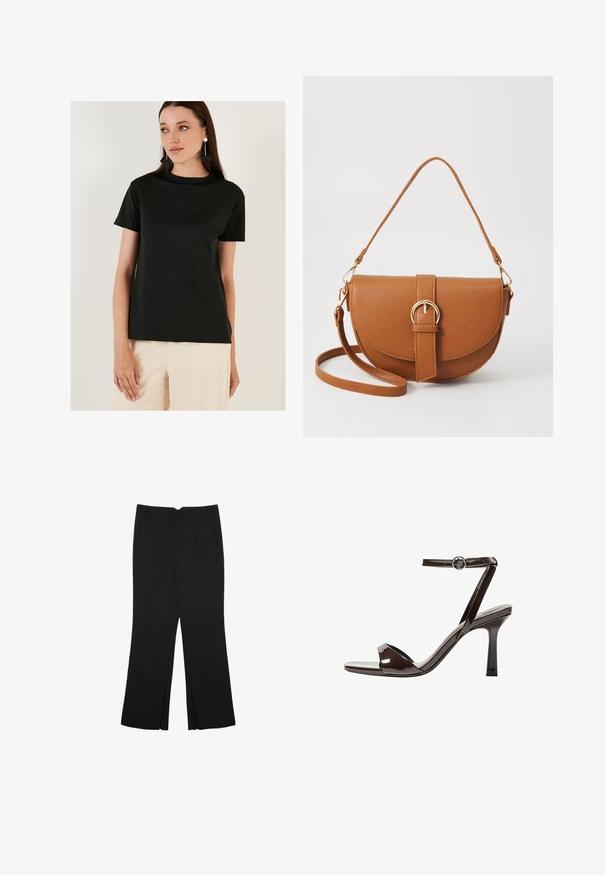 Sort kortærmet t-shirt lavet af et glat stof, med en rund halsudskæring og en afslappet pasform, parret med lyse bukser.; Sorte bukser med lige pasform, der har frontlommer og slidser i kanten. Lavet af blødt, glat stof. Velegnet til forskellige anledninger.; Brune patentlæder højhælede sandal med ankelrem, åben tå og et elegant, minimalistisk design. Udstyret med en firkantet hæl.; Brun læder crossbody taske med en buet form, guldfarvet hardware og en spændeaccent. Har en aftagelig skulderrem.
