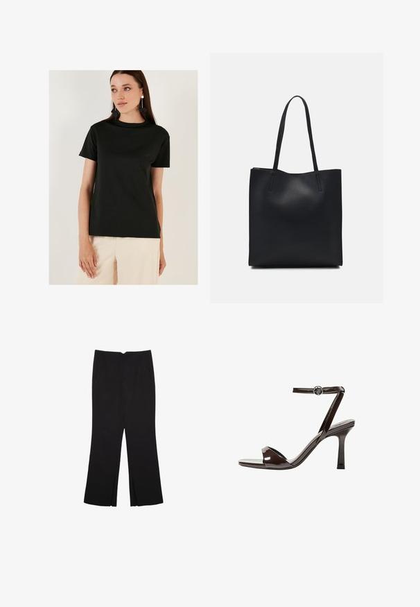 Sort kortærmet t-shirt lavet af et glat stof, med en rund halsudskæring og en afslappet pasform, parret med lyse bukser.; Sorte bukser med lige pasform, der har frontlommer og slidser i kanten. Lavet af blødt, glat stof. Velegnet til forskellige anledninger.; Brune patentlæder højhælede sandal med ankelrem, åben tå og et elegant, minimalistisk design. Udstyret med en firkantet hæl.; Sort læder tote taske med glat tekstur, rektangulær form og to lange hanke. Ingen synlig hardware eller udsmykninger.