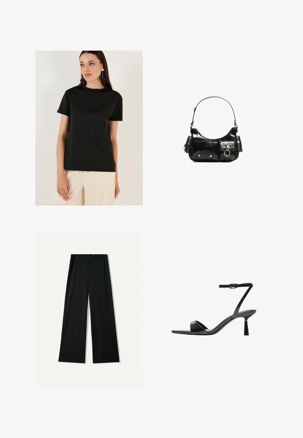 Čierne tričko s krátkym rukávom vyrobené z hladkej látky, s okrúhlym výstrihom a voľným strihom, skombinované s svetlými nohavicami.; Bershka WIDE - Nohavice - black; Bershka Sandále na vysokom opätku - black; Čierna laková kožená kabelka s ohnutým tvarom, jedným ramenným popruhom, prednými vreckami a striebornými kovovými doplnkami.