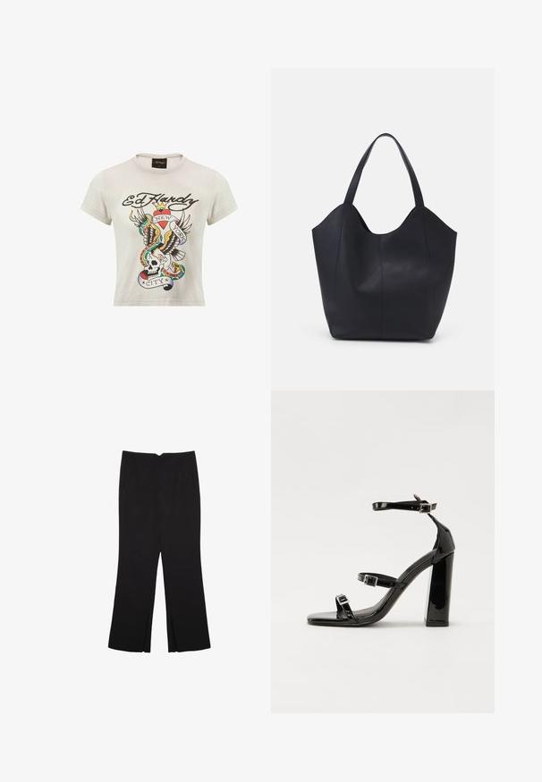 Short-sleeve, light gray cotton T-shirt featuring a colorful tattoo-style print of a skull, eagle, and snakes with "Ed Hardy" and "New York City."; Black trousers with a straight fit, featuring front pockets and side slits at the hem. Made of soft, smooth fabric. Suitable for various occasions.; Black patent heeled sandals with a square toe, ankle straps, and silver buckles. Features a chunky block heel for stability.; Black tote bag made of smooth leather, featuring a curved, open top with two shoulder straps and a minimalist design.
