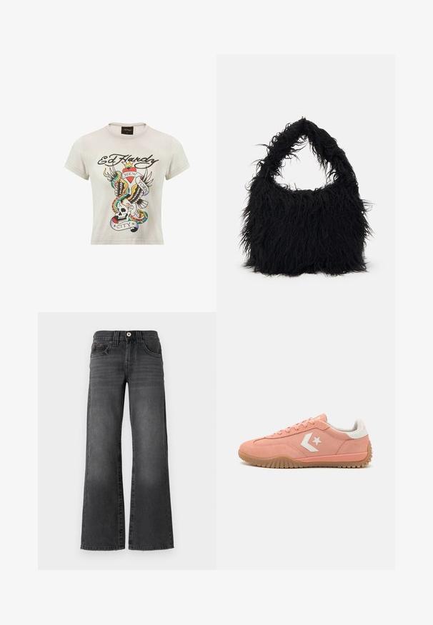 Korte mouwen, lichtgrijs katoenen T-shirt met een kleurrijke tattoo-stijl afdruk van een schedel, adelaar en slangen met "Ed Hardy" en "New York City."; Wijdere spijkerbroek van donkergrijze denim. Bevat vijf zakken, een knoopsluiting en subtiele vervaging op de stof. Klassieke stiksels als accent.; Roze suède sneakers met witte accenten, vetersluiting, een getextureerde gumzool en een sterlogo aan de zijkant. Laag profiel en lichtgewicht.; Even&Odd Shopper - black