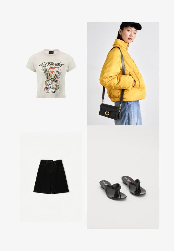 Krátký rukáv, světle šedé bavlněné tričko s barevným potiskem ve stylu tetování, který zobrazuje lebku, orla a hady, s nápisy "Ed Hardy" a "New York City."; Černé džínsové šortky s volným střihem, které mají pět kapes, žluté švy a středně vysoký pas.; Melissa MELISSA QUANTUM THONG X DIESEL - Sandály s odděleným palcem - black; Žlutá vyteplená bunda s vysokým límcem a přední kapsou, doplněná černou kabelkou přes rameno se zlatými detaily. K tomu casual džíny.; Černý pryskyřicový náramek s hladkým, lesklým povrchem a zaoblenými okraji. Na vnitřní straně se nachází malé zlaté logo "Pilgrim".
