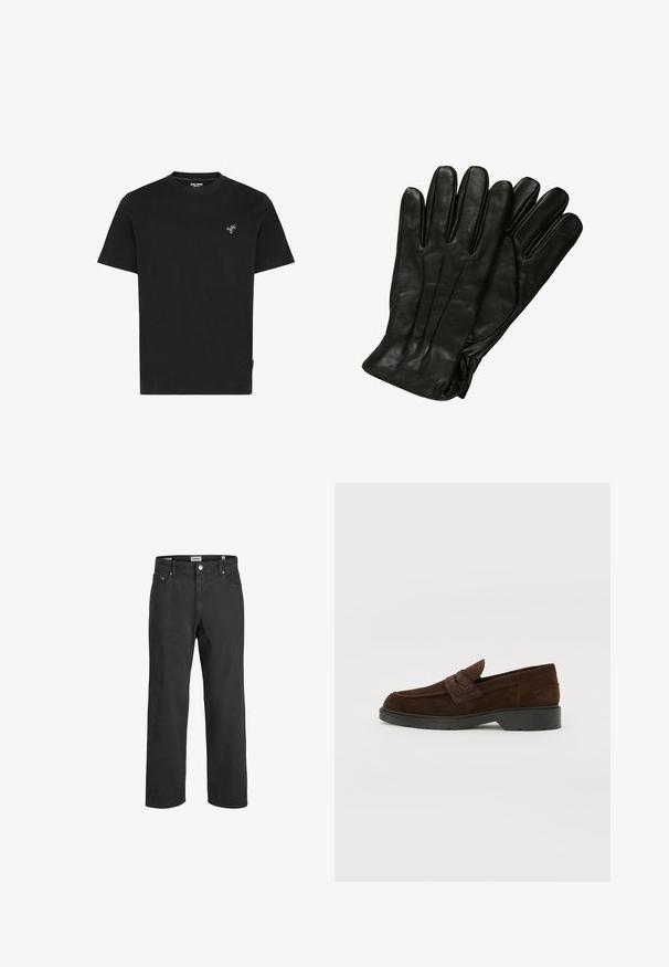Černé bavlněné tričko s kulatým výstřihem a krátkými rukávy, s malou zelenou výšivkou palmy na levé části hrudi.; Černé rovné džínsy vyrobené z bavlny, s klasickým pětioktalovým designem, zapínáním na knoflík a jemnými švy.; Hnědé semišové mokasíny s kulatou špičkou a robustní černou gumovou podrážkou. Obsahují dekorativní pásek a prošití na svršku.; Černé kožené rukavice s hladkým povrchem, pěti prsty a jemnými švy. Klasický design, vhodný pro použití v chladném počasí.