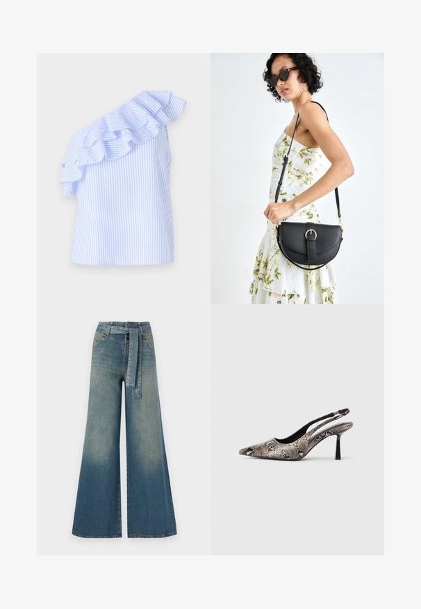 Egyszermelles világoskék és fehér csíkos blúz, fodros részlettel a vállnál. Könnyű anyagból készült.; Bőszárú farmernadrág, világos és sötétkék árnyalatokkal, magas derekú, övgyűrűkkel és a nadrággal megegyező anyagú övvel. Textúrált farmer kivitel.; Ívelt orrú slingback cipők, amelyek texturált kígyóbőr hatású anyagból készültek, karcsú fekete sarokkal és oldalsó kivágásos dizájnnal rendelkeznek.; Fekete bőrtáska ívelt formával, levehető pánttal és arany színű fémrészekkel. A táskán egy csattal díszített fedél található.