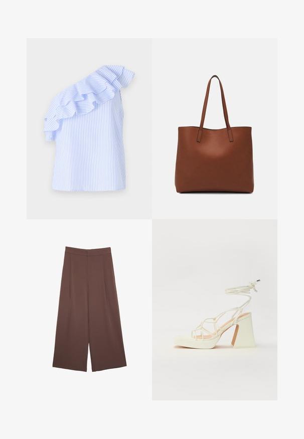 Bluzka na jedno ramię w jasnoniebieskie i białe paski, z falbaniastym akcentem na ramieniu. Wykonana z lekkiego materiału.; Brązowe spodnie o szerokich nogawkach z gładką fakturą, z wysokim stanem i plisami z przodu. Materiał jest lekki i luźno opada.; Biała sandał na wysokim obcasie z masywnym słupkiem, z paskowym wzorem i wiązaniem przy kostce. Gładka faktura z platformą z przodu dla dodatkowej wysokości.; Brązowa skórzana torba tote o gładkiej fakturze, z otwartym wierzchem i dwoma ramiączkami. Charakteryzuje się minimalnym przeszyciem i brakiem widocznych elementów metalowych.