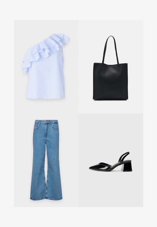 Blúzka s jedným ramienkom v svetlo modrej farbe a bielych prúžkoch, s volánikmi po ramene. Vyrobená z ľahkej tkaniny.; Svetlomodré rozšírené džínsy vyrobené z denimu, s vysokým pásom, piatimi vreckami a jednopoložkovým zapínaním na gombík. Mäkká textúra s vyblednutým povrchom.; Čierne lakované kožené sandálové podpätky s špicatou špičkou a geometrickým blokovým podpätkom. Disponujú elegantným, minimalistickým dizajnom a hladkým povrchom.; Čierna kožená taška na rameno s hladkým povrchom, obdĺžnikovým tvarom a dvoma dlhými uchami. Bez viditeľného kovania alebo ozdôb.