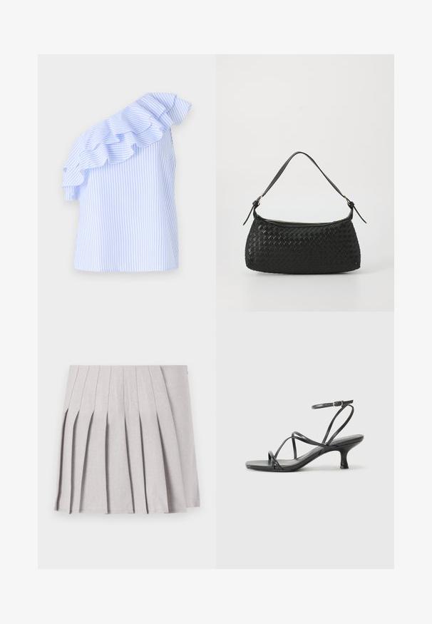 Eén-schouder blouse in lichtblauw en witte strepen, met een rimpelaccent langs de schouder. Gemaakt van een lichtgewicht stof.; Grijze geplooide rok met een soepele textuur, voorzien van meerdere verticale plooien en een aansluitende taille. Gemaakt van lichte stof.; Zwarte hoge hakken sandalen met dunne banden, open teen ontwerp en een kleine, uitlopende hak. Het materiaal lijkt glad en glanzend.; Zwarte geweven schoudertas met een gladleren schouderband en rits sluiting. Heeft een gestructureerd oppervlak en een gebogen vorm.