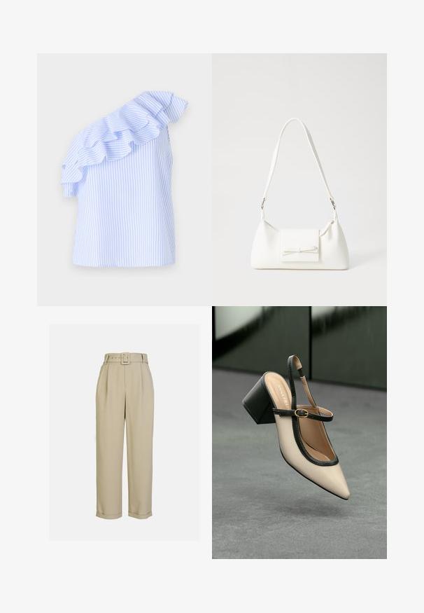 Üksõlgne bluus helesiniste ja valgete triipudega, millel on laseeritud aksent õlal. Valmistatud kergest kangast.; Beežid, kõrge vöökohaga püksid laia jala disainiga, millel on voldid, sobiv vöö ristkülikukujulise pandlaga ja mansetid allääres.; Beesidega teravatoe slingback king, musta äär ja kuldne pandla, tummise plokk-kontsa peal hallil põrandal tumesinise tausta ees.; Valge sünteetilisest materjalist kott kolmnurkse kujuga, lame esiklapiga ja kaaredetailiga, reguleeritava rihmaga, sileda tekstuuriga ja minimalistliku disainiga.
