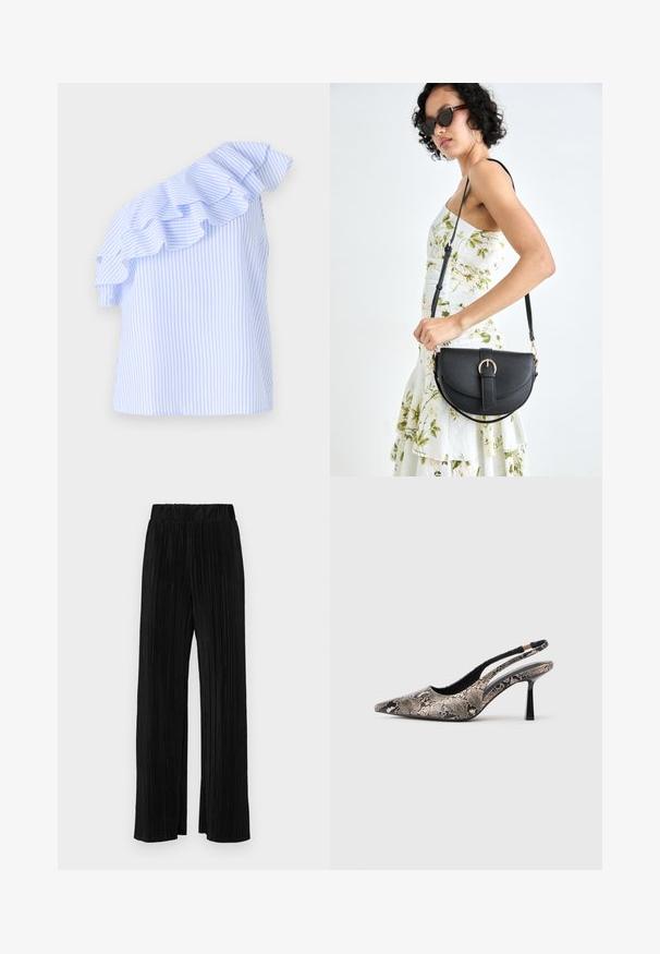 Üksõlgne bluus helesiniste ja valgete triipudega, millel on laseeritud aksent õlal. Valmistatud kergest kangast.; Mustad pleekitud püksid elastse vöökohtaga. Omavad laiad jalad ja sujuvat, tekstureeritud kangast vertikaalsete triipudega.; Kitsas varvusega slingback kingad, mis on valmistatud tekstuuriga maosarnase materjali toel, omavad saledat musta kõrget kontsa ja lõikega disaini külgedel.; Mustmust mustraha kõverate joontega, eemaldatava rihmaga ja kuldsete detailidega. Kotil on klapp, millel on pandladetail.