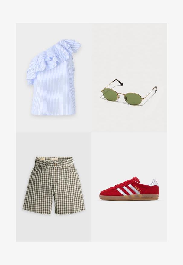 One-shoulder blouse in light blue and white stripes, featuring a ruffled accent along the shoulder. Made from lightweight fabric.; Brown and white checked shorts featuring a button closure, two front pockets, and a relaxed fit. Made of woven fabric with a smooth texture.; Red suede sneaker with white three-stripe design and gold "Gazelle" text. Features a rubber gum sole and textured heel.; Oval sunglasses with green lenses, gold metal frame, and dark brown plastic tips. Lightweight with visible Ray-Ban logo on one lens.