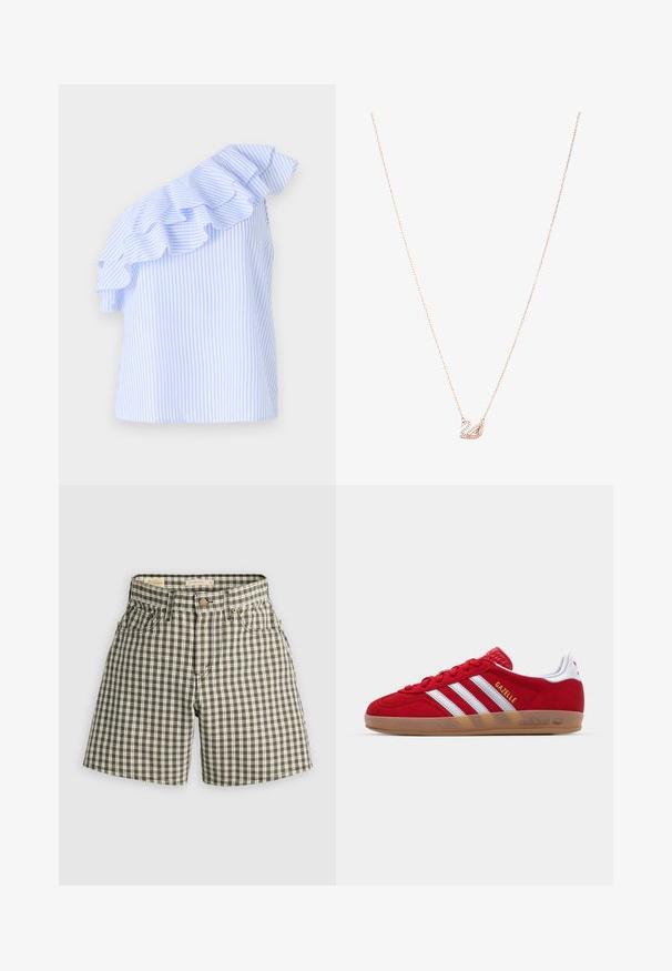 Bluzka na jedno ramie v svetlo modrih in belih črtah, ki ima nabran poudarek ob ramenih. Narejena je iz lahkega materiala.; Brašnaste in bele kratke hlače s karirastim vzorcem, z gumbom, dvema sprednjima žepoma in sproščenim fitom. Narejene so iz tkane tkanine z gladko teksturo.; Rdeči semišniki z belo tridoločeno zasnovo in zlatim besedilom "Gazelle". Imajo gumo podplat in texturiran petni del.; Ogrlica v rožnato zlato z obeskom v obliki laboda, okrašena s prozornimi kristali. Veriga ima občutljiv dizajn povezav.