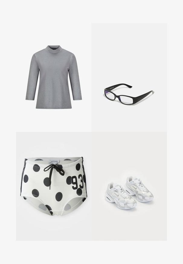Silberner Mock-Turtleneck-Pullover mit langen Ärmeln, aus strukturiertem Stoff gefertigt, der schimmert, mit lockerer Passform und minimaler Gestaltung.; Schwarz-weiße gepunktete Badehose mit einem Kordelzug-Bund, auf der Vorderseite mit der Nummer "93" und aus einem glatten, dehnbaren Stoff.; Weiße Sportschuhe mit einem Obermaterial aus Netzgewebe und silbernen Akzenten, einer einzigartigen Form und Luftpolsterung in der Ferse. Geflochtenes Design mit Logo.; Schwarze rechteckige Brille mit klaren Gläsern. Glänzende Oberfläche, schmale Bügel und lila Tönung an den Rändern der Gläser sichtbar.