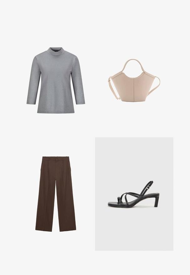 Silberner Mock-Turtleneck-Pullover mit langen Ärmeln, aus strukturiertem Stoff gefertigt, der schimmert, mit lockerer Passform und minimaler Gestaltung.; Braune weit geschnittene Hosen aus einem glatten Stoff, mit hoher Taille, vorderen Falten und zwei seitlichen Taschen.; Schwarze Sandale mit Riemchen, quadratischer Zehenform und niedrigem Blockabsatz. Verfügt über mehrere dünne Riemen und einen verstellbaren Knöchelriemen. Hergestellt aus glattem Leder.; Beige Lederhandtasche mit einer einzigartigen Form, die zwei kurze Henkel und einen langen verstellbaren Riemen aufweist. Glatte Textur mit minimalen Hardware-Elementen.