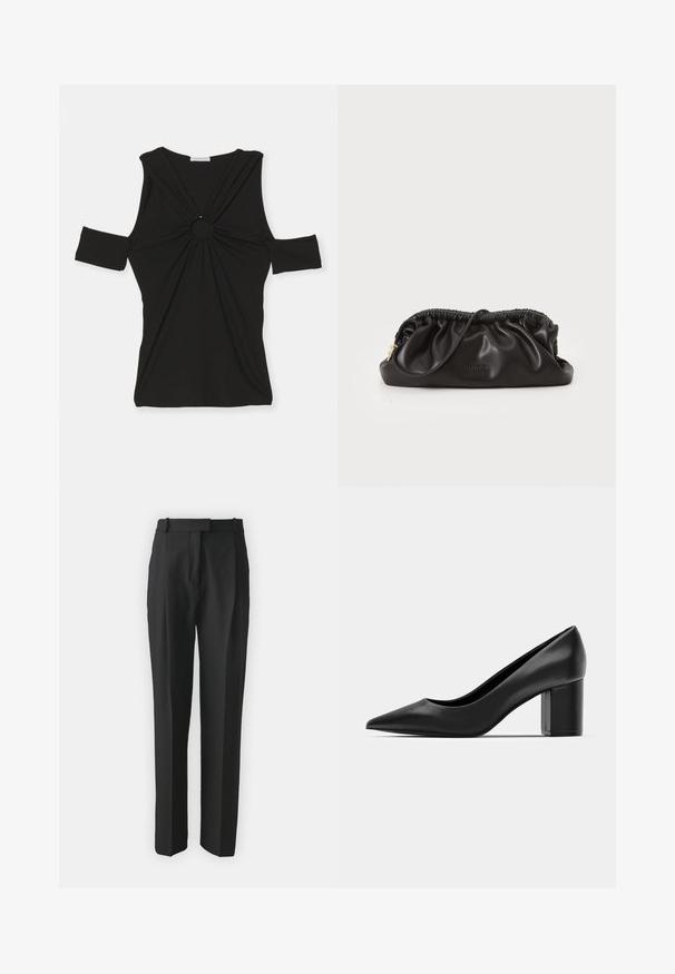 Patrizia Pepe MAGLIA - Marškinėliai su spaudiniu - nero; Juodi pritaikyti kelnes pagamintos iš lengvos medžiagos, turinčios tiesų kirpimą, plokščią priekinę dalį ir diržo kilpas. Lygus paviršius be matomų raštų.; Juodas odinis batelis su smailiu pirštu ir storu kvadratiniu kulnu. Lygus paviršius, paprastas dizainas, tinkantis oficialioms aplinkoms.; Juodas odinis rankinukas su susirietusia viršuje, užtrauktuko uždarymu ir auksinėmis detalėmis. Lygus paviršius su iškilniu logotipo akcentu.