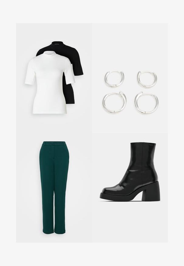 Due magliette a maniche corte con collo alto: una bianca e una nera. Entrambe realizzate in un tessuto liscio e elasticizzato, con silhouette aderenti e colli rotondi.; Pantaloni verde a vita alta con design a gamba dritta, realizzati in tessuto morbido, dotati di tasche frontali e una vita discreta.; Stivali neri alla caviglia con finitura lucida, punta quadrata e tacco a blocco spesso. Il design presenta una silhouette senza cuciture e un branding minimale.; Orecchini a cerchio in argento, con una finitura liscia e lucidata. Due paia di dimensioni leggermente diverse. Design semplice e circolare, leggeri.