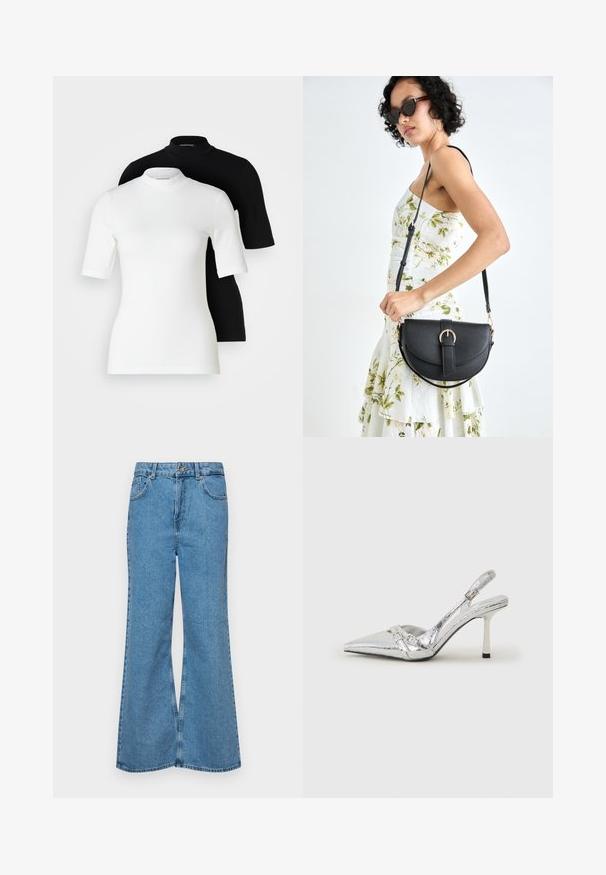 Dwa krótkie topy z golfem: jeden biały, a drugi czarny. Oba wykonane z gładkiego, rozciągliwego materiału o dopasowanym kroju i okrągłych dekoltach.; Jasnoniebieskie dzwony z denimu, z wysokim stanem, pięcioma kieszeniami i zapięciem na jeden guzik. Miękka tekstura z wyblakłym wykończeniem.; Srebrny but na wysokim obcasie typu slingback z ostrym noskiem, metalicznym wykończeniem, dwiema dekoracyjnymi taśmami i smukłym obcasem z czubkiem w kolorze czarnym.; Czarna skórzana torebka o zakrzywionym kształcie, z odpinanym paskiem i złotymi akcentami. Torebka posiada klapę z zapięciem w kształcie klamry.