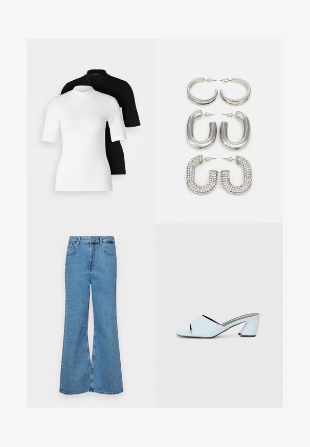 To korteærmede turtleneck toppe: en hvid og en sort. Begge lavet af glat, strækbart stof med tætsiddende silhuetter og rund hals.; Lysblå flagrende jeans lavet af denim, med høj talje, fem lommer og en enkelt knaplukning. Blød tekstur med en falmet finish.; Lyseblå åbne tå hæle mules med et geometrisk design, der har en bred rem over foden og en kraftig, vinkelret hæl.; Fire par af sølvøreringe: to blanke glatte hoop-designs, én struktureret og én dækket af små klare rhinsten.