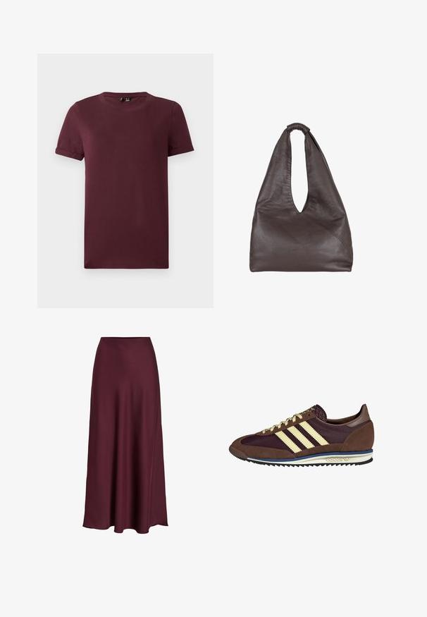 Burgundia T-särk pehmest puuvillast, ümmarguse kaelusega, lühikeste varrukatega ja lõdva siluetiga, sileda tekstuuri ja nähtavate mustriteta.; Burgundi satäänist maxi seelik, mis on sileda tekstuuriga, kõrge vöökoht ja voolav siluett, mis laieneb õrnalt allääre suunas.; Pruun ja burgundi värvi tennised, mis on valmistatud karvase ja võrkmaterjaliga, sisaldavad kolme kreemjat triipu, tekstuurset kangast keelt ja kummist talla.; PRUUNIST nahk-kott, millel on lõtv ja üle suuruse disain. Varustatud silmadega käepideme ja sügava V-lõikega avamisega lihtsaks ligipääsuks. Pehme tekstuur, minimalistlik stiil.