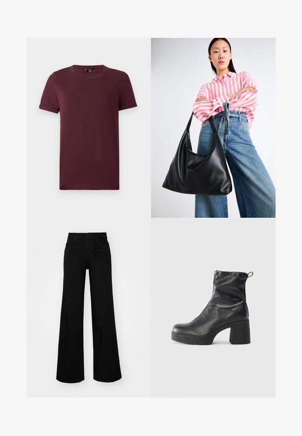 Burgundi színű, puha pamutból készült póló, kerek nyakkivágással, rövid ujjal és laza szabással, sima felülettel és látható minták nélkül.; Fekete, bő szárú farmernadrág, amelynek állítható derékrésze van, övhurkokkal és elülső zsebekkel. Simaság jellemzi, klasszikus dizájnnal.; Fekete bokacsizmák sima bőrből, oldalsó cipzárral, vastag, texturált sarkú és lekerekített orrú dizájnnal.; Fekete bőr válltáska, laza formával és varrás részletekkel. A model egy rózsaszín és fehér csíkos inget visel széles szárú kék farmernadrággal.