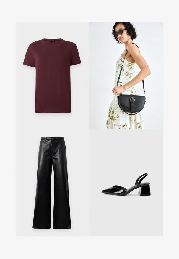 Bordová tričko vyrobené z jemnej bavlny, s okrúhlym výstrihom, krátkymi rukávmi a voľným strihom, s hladkou textúrou a bez viditeľných vzorov.; Čierne vysokopriestené široké nohavice z umelého kože s predným gombíkom, zipsom, pútkami na opasok a bočnými vreckami na bielom pozadí.; Čierne lakované kožené sandálové podpätky s špicatou špičkou a geometrickým blokovým podpätkom. Disponujú elegantným, minimalistickým dizajnom a hladkým povrchom.; Čierna kožená kabelka s zaobleným tvarom, odnímateľným popruhom a zlatými doplnkami. Kabelka má klopu s detailom s prackou.